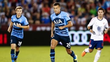 Jul 29, 2015; Denver, CO, USA; Tottenham Hotspur midfielder Dele Alli (20) dribbles the ball against the MLS All Stars in the second half of the 2015 MLS All Star Game at Dick's Sporting Goods Park. Mandatory Credit: Isaiah J. Downing-USA TODAY Sports