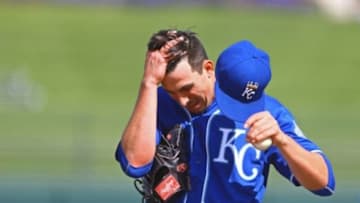 Mar 2, 2016; Surprise, AZ, USA; Kansas City Royals pitcher Kyle Zimmer reacts against the Texas Rangers during a Spring Training game at Surprise Stadium. Mandatory Credit: Mark J. Rebilas-USA TODAY Sports