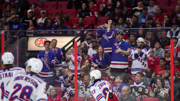 OTTAWA, ON - OCTOBER 05: New York Rangers fans celebrate New York Rangers Center Mika Zibanejad (93) third goal to complete his hat trick during the second period of the NHL game against the Ottawa Senators on Oct. 5, 2019 at the Canadian Tire Centre in Ottawa, Ontario, Canada. (Photo by Steven Kingsman/Icon Sportswire via Getty Images)