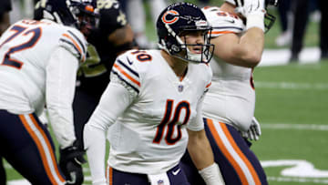 NEW ORLEANS, LOUISIANA - JANUARY 10: Mitchell Trubisky #10 of the Chicago Bears reacts during the first quarter against the New Orleans Saints in the NFC Wild Card Playoff game at Mercedes Benz Superdome on January 10, 2021 in New Orleans, Louisiana. (Photo by Chris Graythen/Getty Images)