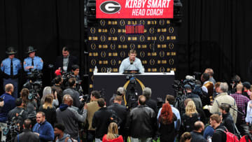 ATLANTA, GA - JANUARY 6: Head Coach Kirby Smart of the Georgia Bulldogs speaks to the media during the College Football Playoff National Championship Media Day at Philips Arena on January 6, 2018 in Atlanta, Georgia. (Photo by Scott Cunningham/Getty Images)