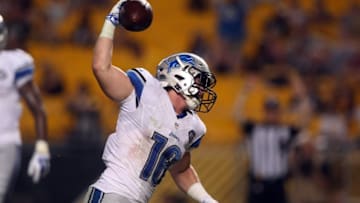 Aug 12, 2016; Pittsburgh, PA, USA; Detroit Lions wide receiver Jace Billingsley (16) celebrates his touchdown against the Pittsburgh Steelers during the second half at Heinz Field. Detroit won the game, 30-17. Mandatory Credit: Jason Bridge-USA TODAY Sports