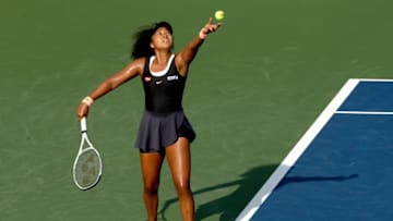NEW YORK, NEW YORK - AUGUST 24: Naomi Osaka of Japan serves to Karolina Muchova of Czech Republic during the Western & Southern Open at the USTA Billie Jean King National Tennis Center on August 24, 2020 in the Queens borough of New York City. (Photo by Matthew Stockman/Getty Images)