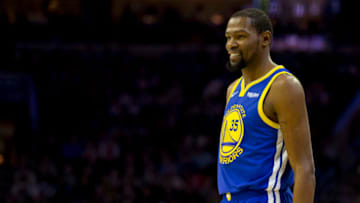 PHILADELPHIA, PA - MARCH 02: Kevin Durant #35 of the Golden State Warriors looks on against the Philadelphia 76ers at the Wells Fargo Center on March 2, 2019 in Philadelphia, Pennsylvania. The Warriors defeated the 76ers 120-117. NOTE TO USER: User expressly acknowledges and agrees that, by downloading and or using this photograph, User is consenting to the terms and conditions of the Getty Images License Agreement. (Photo by Mitchell Leff/Getty Images)