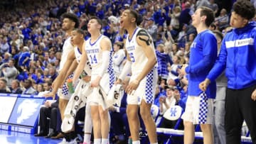 LEXINGTON, KENTUCKY - FEBRUARY 16: The Kentucky Wildcats bench celebrates against Tennessee Volunteers at Rupp Arena on February 16, 2019 in Lexington, Kentucky. (Photo by Andy Lyons/Getty Images)