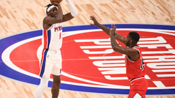 Detroit Pistons forward Jerami Grant (9) shoots as Chicago Bulls forward Patrick Williams (44) defends Credit: Tim Fuller-USA TODAY Sports