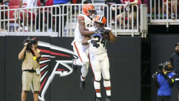 Oct 2, 2022; Atlanta, Georgia, USA; Cleveland Browns running back Nick Chubb (24) celebrates after a touchdown run with wide receiver Donovan Peoples-Jones (11) against the Atlanta Falcons in the second half at Mercedes-Benz Stadium. Mandatory Credit: Brett Davis-USA TODAY Sports