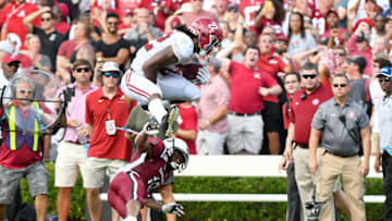 COLUMBIA, SC - SEPTEMBER 14: Alabama Crimson Tide running back Najee Harris (22) leaps over South Carolina Gamecocks defensive back R.J. Roderick (10) on his way to the end zone for a touchdown during the college game between the Alabama Crimson Tide and the South Carolina Gamecocks on September 14, 2019 at Williams-Brice Stadium in Columbia,SC. (Photo by Dannie Walls/Icon Sportswire via Getty Images)