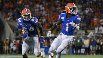 ORLANDO, FL - AUGUST 24: Kadarius Toney #1 of the Florida Gators looks to block for Kyle Pitts #84 against the Miami Hurricanes in the Camping World Kickoff at Camping World Stadium on August 24, 2019 in Orlando, Florida.(Photo by Mark Brown/Getty Images)