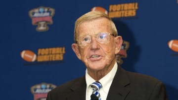 Jan 10, 2015; Arlington, TX, USA; Two time Eddie Robinson Coach of the Year recipient Lou Holtz speaks during Eddie Robinson Coach of the Year press conference at Renaissance Hotel Dallas. Mandatory Credit: Tommy Gilligan-USA TODAY Sports