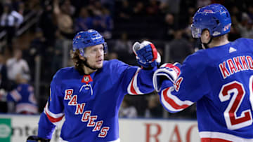 Nov 20, 2019; New York, NY, USA; New York Rangers center Artemi Panarin (10) celebrates scoring a goal with right wing Kaapo Kakko (24) against the Washington Capitals during the second period at Madison Square Garden. Mandatory Credit: Adam Hunger-USA TODAY Sports
