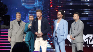 NEWARK, NEW JERSEY - SEPTEMBER 12: (L-R) Joey Fatone, Lance Bass, Justin Timberlake, JC Chasez, and Chris Kirkpatrick of *NSYNC speak onstage the 2023 MTV Video Music Awards at Prudential Center on September 12, 2023 in Newark, New Jersey. (Photo by Johnny Nunez/Getty Images for MTV)