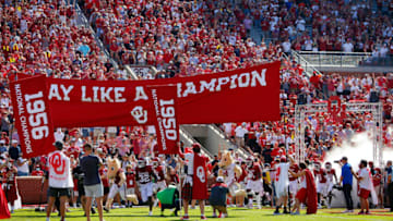 NORMAN, OK - SEPTEMBER 18: The Oklahoma Sooners run onto the field for a game against the Nebraska Cornhuskers at Gaylord Family Oklahoma Memorial Stadium on September 18, 2021 in Norman, Oklahoma. Oklahoma won 23-16. (Photo by Brian Bahr/Getty Images)