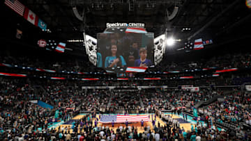 CHARLOTTE, NC - NOVEMBER 25: a general view of the Spectrum center during the national anthem prior to the game between the San Antonio Spurs and Charlotte Hornets on November 25, 2017 at Spectrum Center in Charlotte, North Carolina. NOTE TO USER: User expressly acknowledges and agrees that, by downloading and or using this photograph, User is consenting to the terms and conditions of the Getty Images License Agreement. Mandatory Copyright Notice: Copyright 2017 NBAE (Photo by Kent Smith/NBAE via Getty Images)