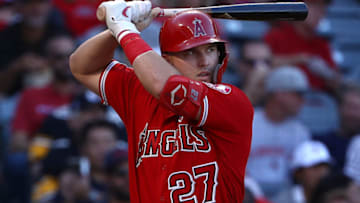 ANAHEIM, CALIFORNIA - AUGUST 14: Mike Trout #27 of the Los Angeles Angels bats during the fourth inning of the MLB game against the Pittsburgh Pirates at Angel Stadium of Anaheim on August 14, 2019 in Anaheim, California. The Angels defeated the Pirates 7-4. (Photo by Victor Decolongon/Getty Images)