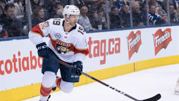 TORONTO, ON - MARCH 25: Florida Panthers Defenceman Mike Matheson (19) skates with the puck during the NHL regular season game between the Florida Panthers and the Toronto Maple Leafs on March 25, 2019, at Scotiabank Arena in Toronto, ON, Canada. (Photo by Julian Avram/Icon Sportswire via Getty Images)