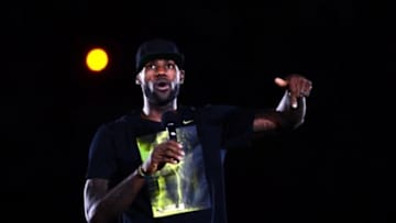 Aug 8, 2014; Akron, OH, USA; Cleveland Cavaliers forward LeBron James during the LeBron James Family Foundation Reunion and Rally at InfoCision Stadium. Mandatory Credit: Andrew Weber-USA TODAY Sports