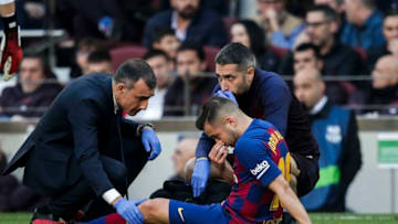 BARCELONA, SPAIN - FEBRUARY 15: Jordi Alba of FC Barcelona during the La Liga Santander match between FC Barcelona v Getafe at the Camp Nou on February 15, 2020 in Barcelona Spain (Photo by David S. Bustamante/Soccrates/Getty Images)