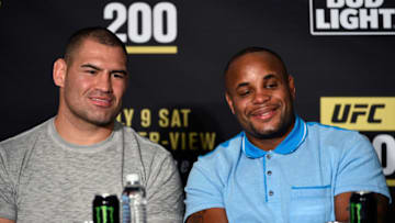 LAS VEGAS, NV - JULY 09: (L-R) Teammates Cain Velasquez and Daniel Cormier speak to the media during the UFC 200 post-fight press conference at T-Mobile Arena on July 9, 2016 in Las Vegas, Nevada. (Photo by Jeff Bottari/Zuffa LLC/Zuffa LLC via Getty Images)