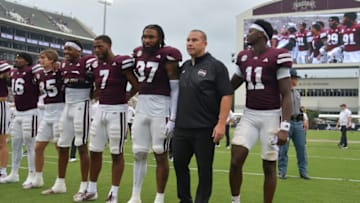 Sep 2, 2023; Starkville, Mississippi, USA; Mississippi State Bulldogs head coach Zach Arnett celebrates with his players after the game against the Southeastern Louisiana Lions at Davis Wade Stadium at Scott Field. Mandatory Credit: Matt Bush-USA TODAY Sports