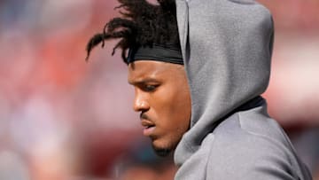 SANTA CLARA, CALIFORNIA - OCTOBER 27: Cam Newton #1 of the Carolina Panthers looks on from the sidelines against the San Francisco 49ers during an NFL football game at Levi's Stadium on October 27, 2019 in Santa Clara, California. (Photo by Thearon W. Henderson/Getty Images)