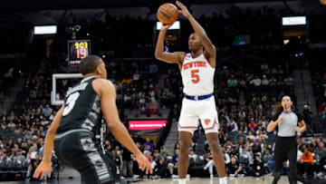 Dec 29, 2022; San Antonio, Texas, USA; New York Knicks Immanuel Quickley (5) shoots during the second half against the San Antonio Spurs at AT&T Center. Mandatory Credit: Scott Wachter-USA TODAY Sports