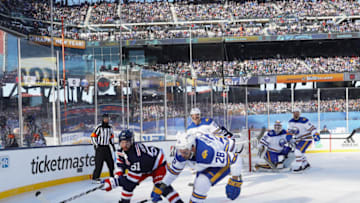 NEW YORK, NY - JANUARY 01: David Desharnais #51 of the New York Rangers plays against Zemgus Girgensons #28 of the Buffalo Sabres during the 2018 Bridgestone NHL Winter Classic at Citi Field on January 1, 2018 in the Flushing neighborhood of the Queens borough of New York City. The Rangers defeated the Sabres 3-2 in overtime. (Photo by Bruce Bennett/Getty Images)