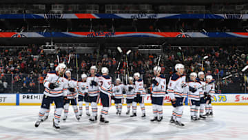 EDMONTON, AB - SEPTEMBER 22: Players of the Edmonton Oilers salute the crowed following the preseason game against the Vancouver Canucks on September 22, 2017 at Rogers Place in Edmonton, Alberta, Canada. (Photo by Andy Devlin/NHLI via Getty Images)