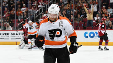 GLENDALE, AZ - NOVEMBER 05: Claude Giroux #28 of the Philadelphia Flyers pumps his fist after scoring a goal against the Arizona Coyotes during the first period at Gila River Arena on November 5, 2018 in Glendale, Arizona. (Photo by Norm Hall/NHLI via Getty Images)