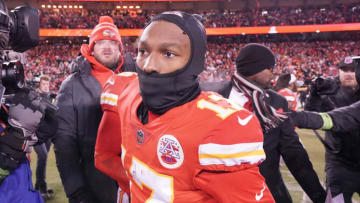 Jan 29, 2023; Kansas City, Missouri, USA; Kansas City Chiefs wide receiver Mecole Hardman (17) on field against the Cincinnati Bengals after the AFC Championship game at GEHA Field at Arrowhead Stadium. Mandatory Credit: Denny Medley-USA TODAY Sports