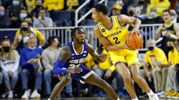 Nov 16, 2021; Ann Arbor, Michigan, USA; Michigan Wolverines guard Kobe Bufkin (2) is defended by Seton Hall Pirates guard Myles Cale (22) in the second half at Crisler Center. Mandatory Credit: Rick Osentoski-USA TODAY Sports