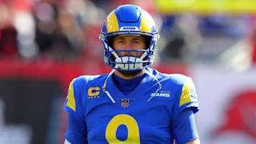 TAMPA, FLORIDA - JANUARY 23: Matthew Stafford #9 of the Los Angeles Rams warms up before the game against the Tampa Bay Buccaneers in the NFC Divisional Playoff game at Raymond James Stadium on January 23, 2022 in Tampa, Florida. (Photo by Kevin C. Cox/Getty Images)