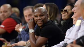 Nov 15, 2015; Los Angeles, CA, USA; Boxing champion Floyd Mayweather, Jr. during the game between the Los Angeles Lakers and the Detroit Pistons at Staples Center. Mandatory Credit: Richard Mackson-USA TODAY Sports