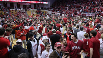 BLOOMINGTON, INDIANA - FEBRUARY 04: Fans celebrate the 79-74 Indiana Hoosiers victory over the #1 ranked Purdue Boilermakers at Simon Skjodt Assembly Hall on February 04, 2023 in Bloomington, Indiana. (Photo by Andy Lyons/Getty Images)