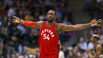 Nov 25, 2016; Milwaukee, WI, USA; Toronto Raptors forward Patrick Patterson (54) celebrates after making a basket during the fourth quarter against the Milwaukee Bucks at BMO Harris Bradley Center. Toronto won 105-99. Mandatory Credit: Jeff Hanisch-USA TODAY Sports