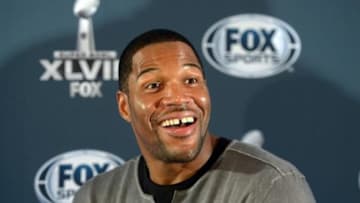 Jan 28, 2014; New York, NY, USA; New York Giants former defensive end Michael Strahan at a Fox Sports press conference at Empire East Ballroom at the Sheraton New York Times Square in advance of Super Bowl XLVIII. Mandatory Credit: Kirby Lee-USA TODAY Sports