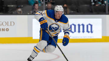 Nov 2, 2021; San Jose, California, USA; Buffalo Sabres left wing Jeff Skinner (53) controls the puck during the second period against the San Jose Sharks at SAP Center at San Jose. Mandatory Credit: Stan Szeto-USA TODAY Sports