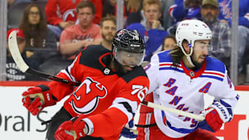 NEWARK, NJ - OCTOBER 17: New York Rangers center Mika Zibanejad (93) battles New Jersey Devils defenseman P.K. Subban (76) during the second period of the National Hockey League game between the New Jersey Devils and the New York Rangers on October 17, 2019 at the Prudential Center in Newark, NJ. (Photo by Rich Graessle/Icon Sportswire via Getty Images)