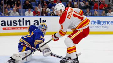 Oct 19, 2023; Buffalo, New York, USA; Buffalo Sabres goaltender Devon Levi (27) knocks the puck off the stick of Calgary Flames center Mikael Backlund (11) as he skates in on a breakaway during the third period at KeyBank Center. Mandatory Credit: Timothy T. Ludwig-USA TODAY Sports