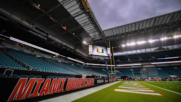 MIAMI, FLORIDA - OCTOBER 11: A general view of the end zone prior to the game between the Miami Hurricanes and the Virginia Cavaliers at Hard Rock Stadium on October 11, 2019 in Miami, Florida. (Photo by Mark Brown/Getty Images)