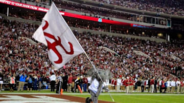 Oct 10, 2015; Tuscaloosa, AL, USA; Alabama Crimson Tide mascot Big Al celebrates a score against the Arkansas Razorbacks at Bryant-Denny Stadium. Alabama defeated Arkansas 27-14. Mandatory Credit: Marvin Gentry-USA TODAY Sports