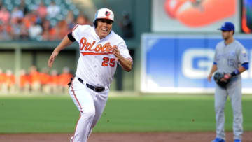 Jun 7, 2016; Baltimore, MD, USA; Baltimore Orioles outfielder Hyun Soo Kim (25) rounds the bases in the first inning against the Kansas City Royals at Oriole Park at Camden Yards. The Orioles won 9-1. Mandatory Credit: Evan Habeeb-USA TODAY Sports