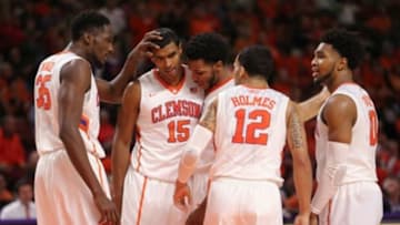 Feb 8, 2016; Greenville, SC, USA; Clemson Tigers forward Donte Grantham (15) reacts with his teammates after scoring against the Notre Dame Fighting Irish in the second half at Bon Secours Wellness Arena. The Irish won 89-83. Mandatory Credit: Dawson Powers-USA TODAY Sports