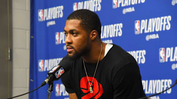 HOUSTON, TX - APRIL 17: Derrick Favors #15 of the Utah Jazz speaks to the media after Game Two of Round One of the 2019 NBA Playoffs against the Houston Rockets on April 17, 2019 at the Toyota Center in Houston, Texas. Copyright 2019 NBAE (Photo by Bill Baptist/NBAE via Getty Images)