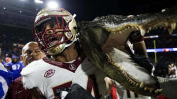 GAINESVILLE, FLORIDA - NOVEMBER 25: Byron Turner Jr. #54 of the Florida State Seminoles celebrates after a game against the Florida Gators at Ben Hill Griffin Stadium on November 25, 2023 in Gainesville, Florida. (Photo by James Gilbert/Getty Images)