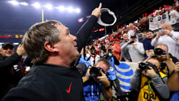 INDIANAPOLIS, IN - JANUARY 10: Head Coach Kirby Smart of the Georgia Bulldogs celebrates after defeating the Alabama Crimson Tide during the College Football Playoff Championship held at Lucas Oil Stadium on January 10, 2022 in Indianapolis, Indiana. (Photo by Jamie Schwaberow/Getty Images)
