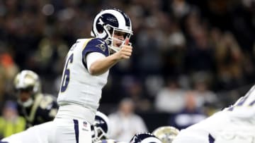 NEW ORLEANS, LOUISIANA - JANUARY 20: Jared Goff #16 of the Los Angeles Rams calls a play against the New Orleans Saints during the first quarter in the NFC Championship game at the Mercedes-Benz Superdome on January 20, 2019 in New Orleans, Louisiana. (Photo by Streeter Lecka/Getty Images)
