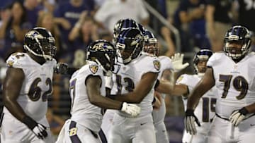 Aug 27, 2016; Baltimore, MD, USA; Baltimore Ravens wide receiver Jeremy Butler (17) celebrates with teammates after his touchdown catch during the second quarter against the Detroit Lions at M&T Bank Stadium. Mandatory Credit: Tommy Gilligan-USA TODAY Sports