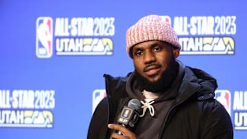LeBron James #6 of the Los Angeles Lakers speaks during a press conference prior to the 2023 NBA All Star Game (Photo by Tim Nwachukwu/Getty Images)