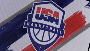 LAS VEGAS, NEVADA - JULY 16: A USA Basketball logo is shown on the scoreboard before an exhibition game between the Australia Opals and the United States at Michelob ULTRA Arena ahead of the Tokyo Olympic Games on July 16, 2021 in Las Vegas, Nevada. (Photo by Ethan Miller/Getty Images)